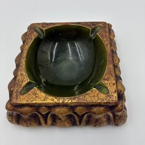 MCM Freeman McFarlin Gold Leaf and Green Ceramic Ashtray 5.5 inch Square 4 Slot
